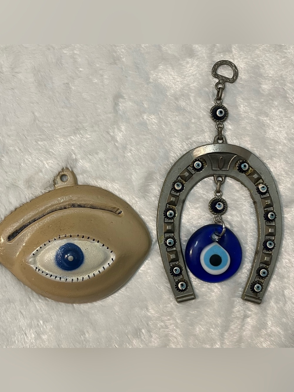 Vintage Evil Eye Nazar Wall Hanging Horseshoe Blue Glass Amulet Lucky Charm Set